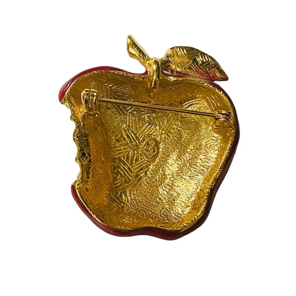 Vintage Brooch Shiny Apple Red Enamel Gold Tone Rhinestone Premier Designs